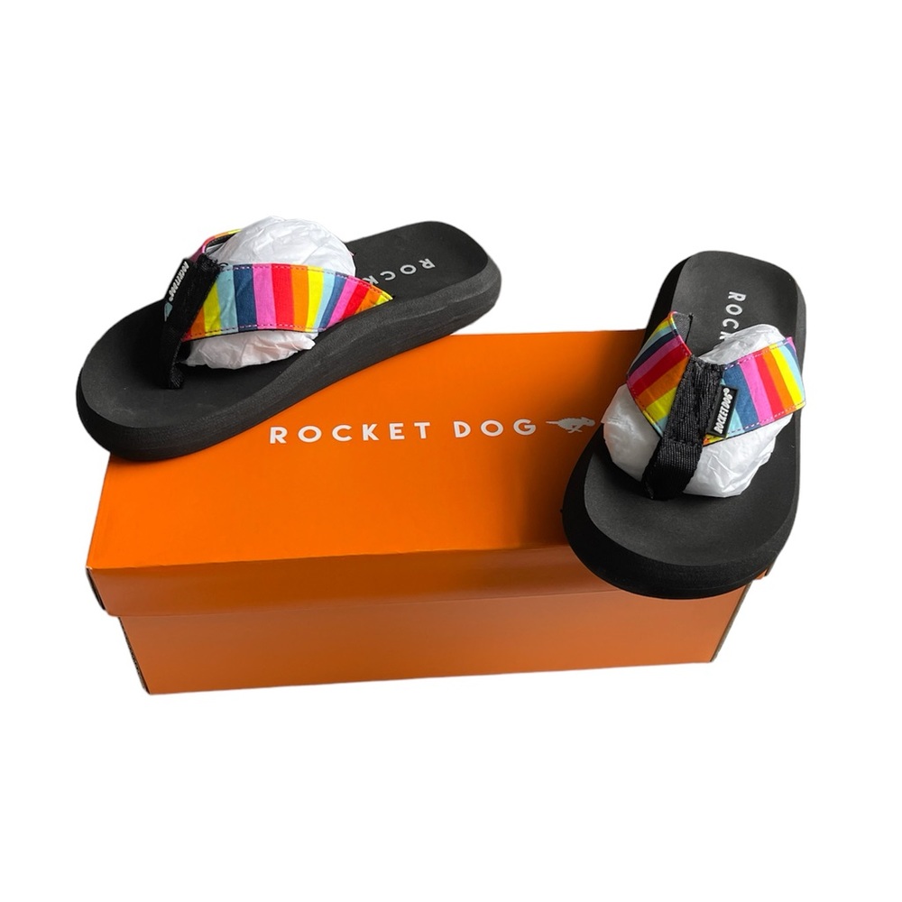 Rocket Dog Girls Flip-Flop Little Kid Size 12 Black Rainbow Stripe Spotlight NIB